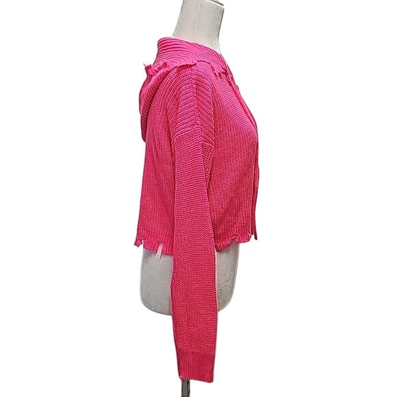 Trendy Threads Hot Pink Distressed Full Zip Cropped Sweater Hoodie Womans Size M - Picture 2 of 9